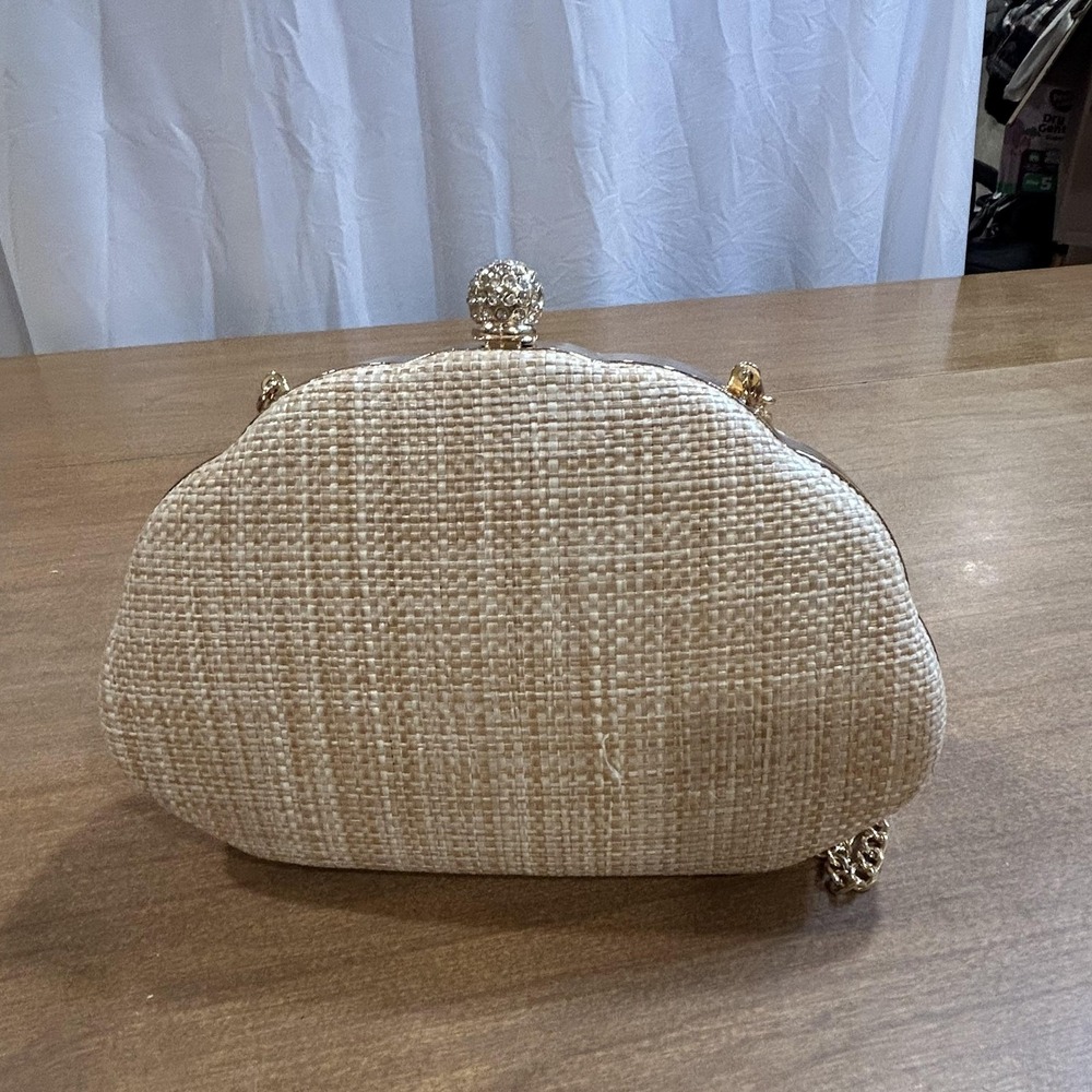 Shell Clutch Bag Womens Small Beige Straw Rhinestone Chain Evening Purse - Picture 8 of 8